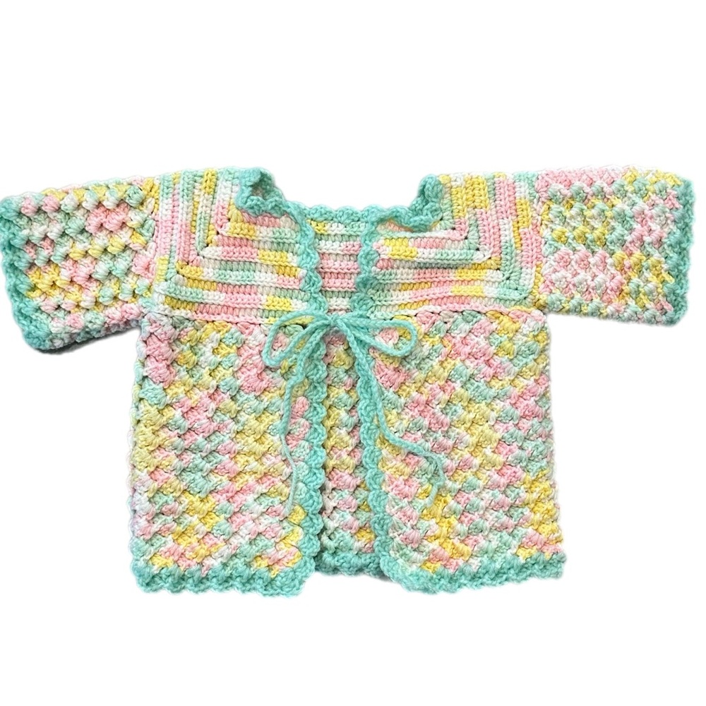 Vintage Handmade Crochet Girls Cardigan Sweater 5/6 Pastel colors-front tie